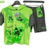 Green hoodie and gray shorts set with Minecraft character design on a hanger against a white background.