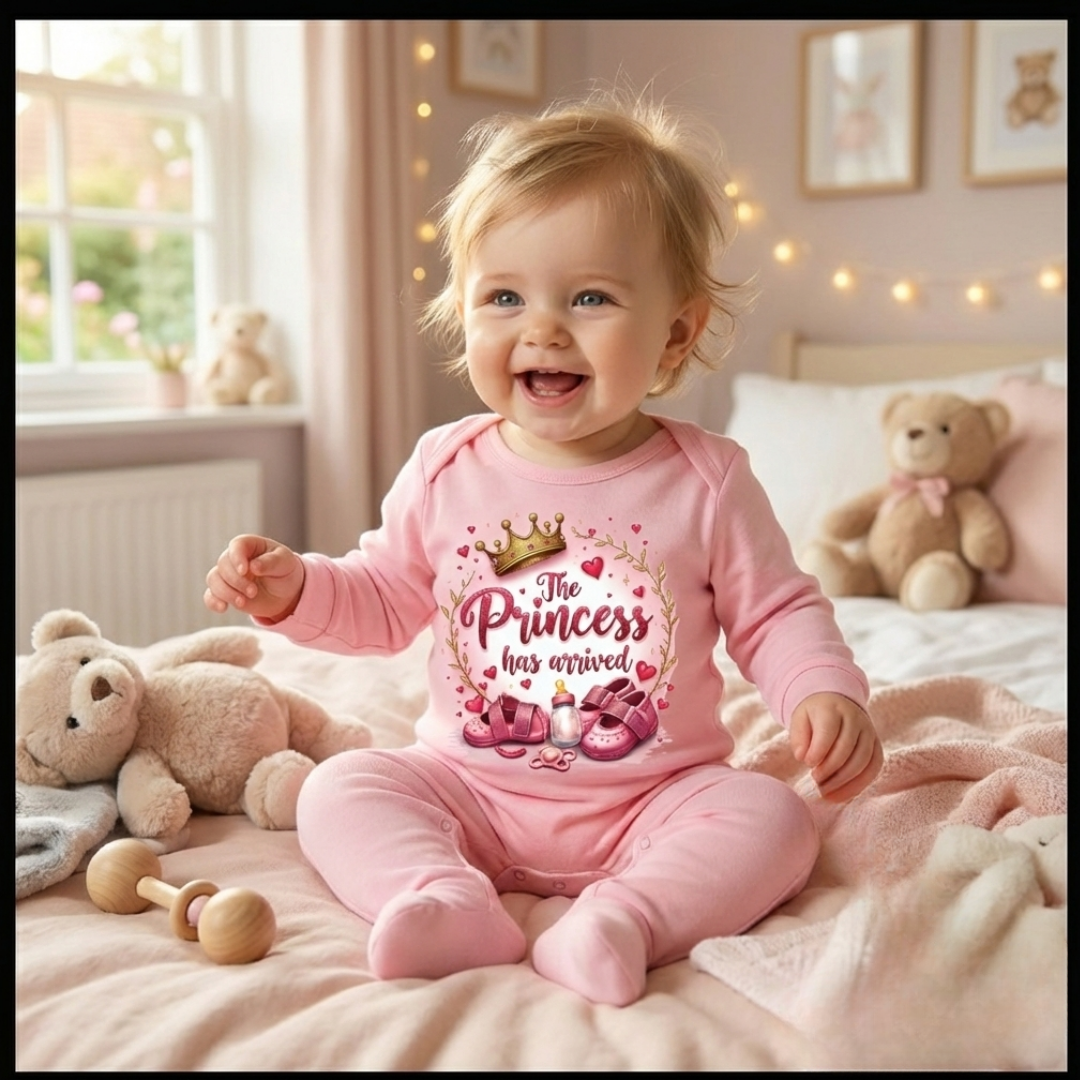 Baby in a pink 'The Princess has arrived' onesie sitting on a bed with teddy bears and toys.