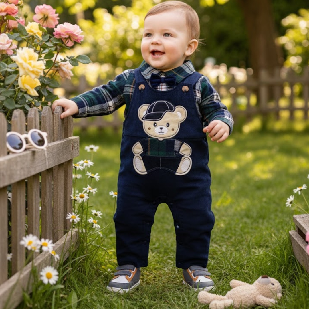 Baby Boy Bear Overalls & Checkered Shirt Set