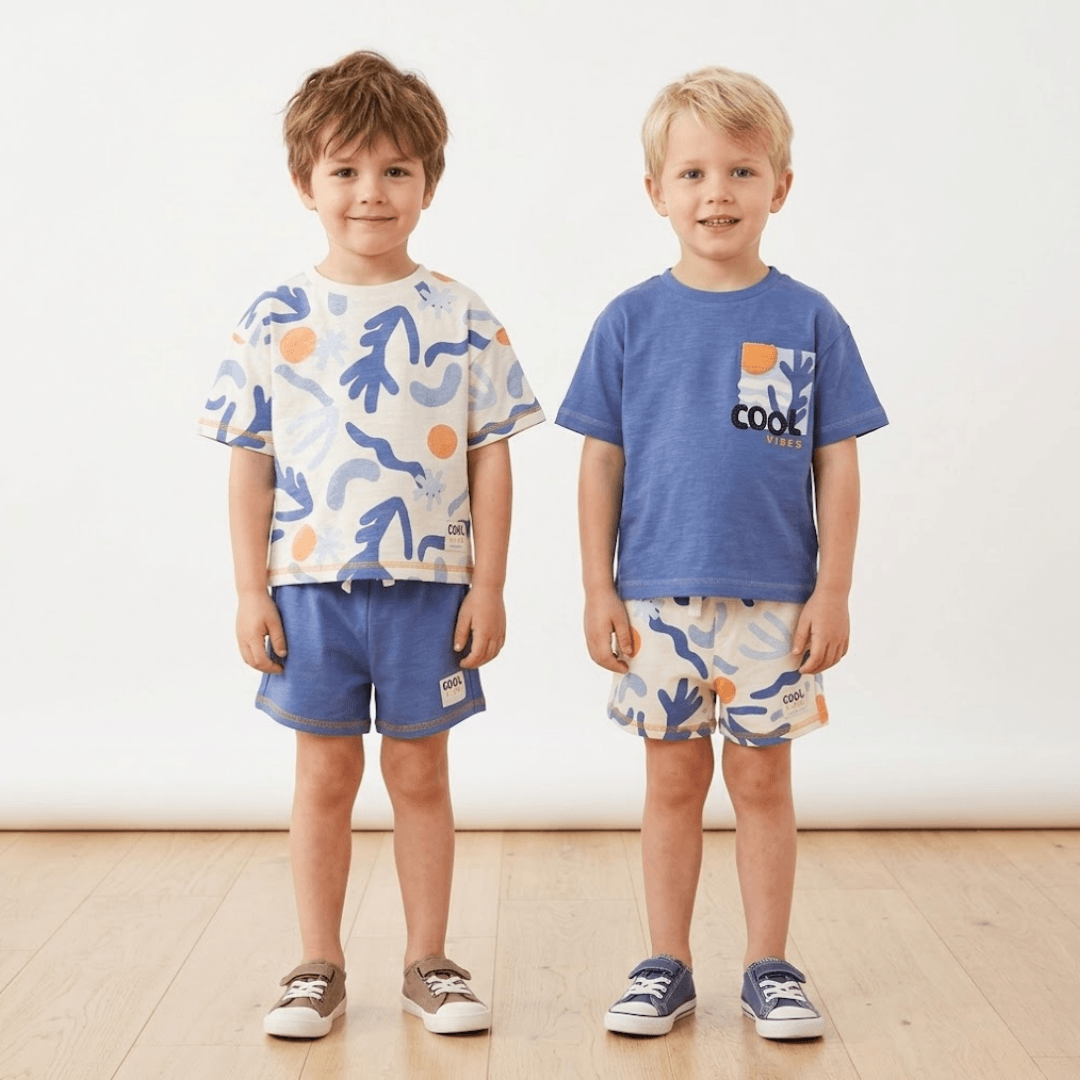 Two young boys wearing matching outfits with blue and white patterns on a plain background