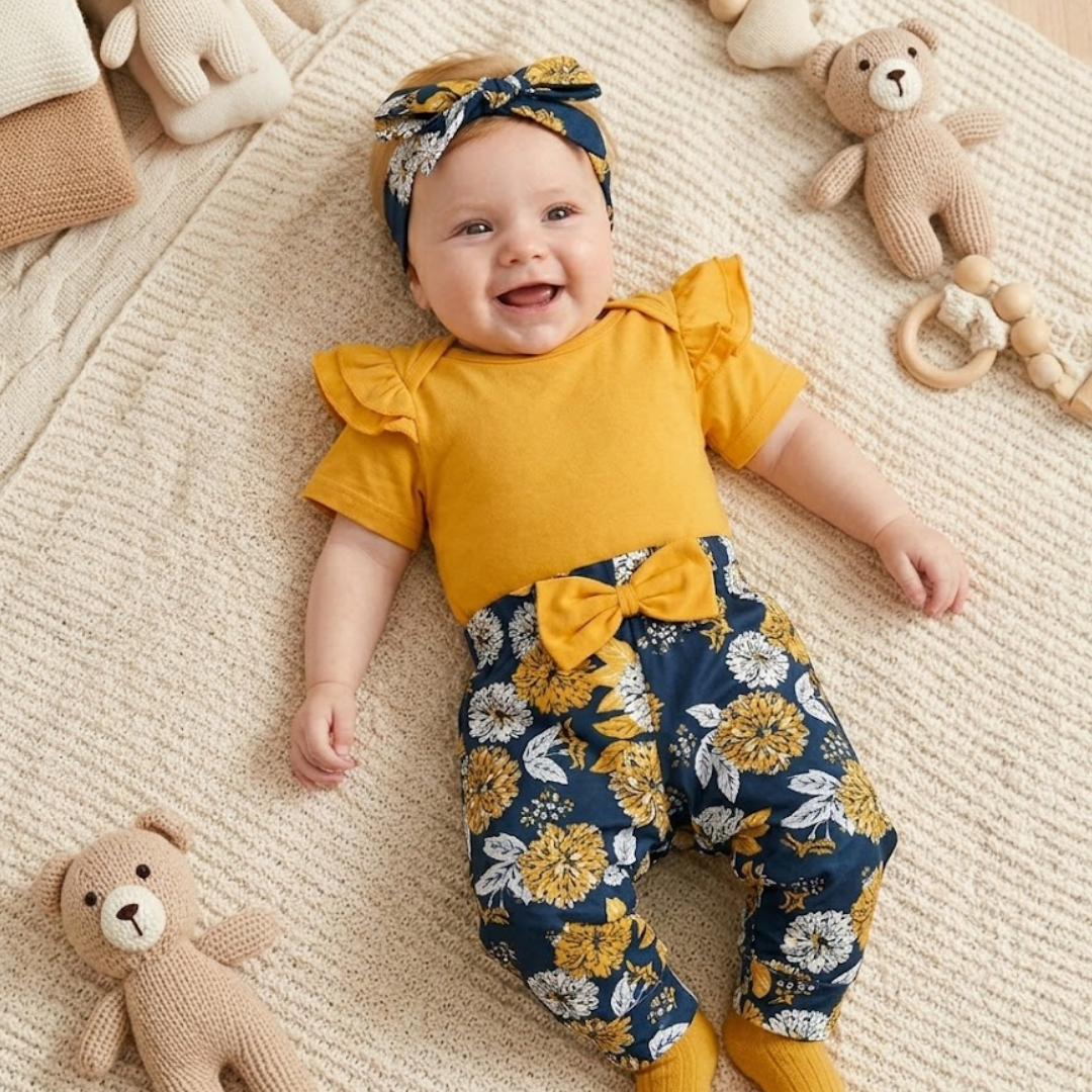 3PCS Baby Girl Outfit Set | Bodysuit and Floral Pants