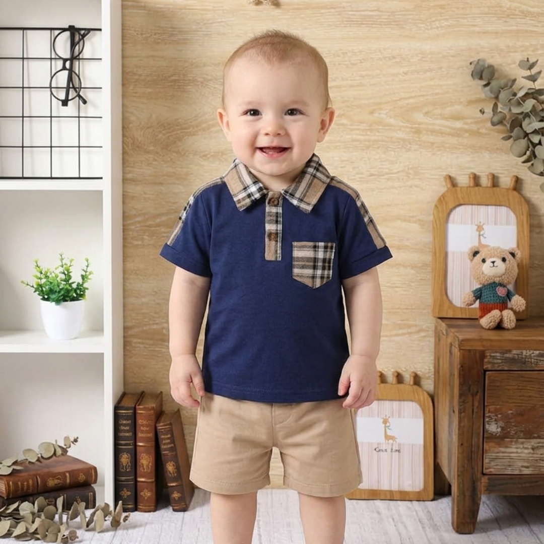 Child wearing a navy blue shirt with plaid accents and beige shorts in a home setting.