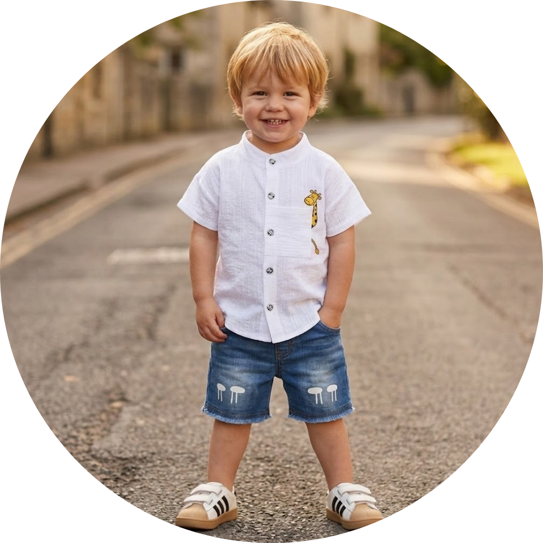 Toddler boy wearing a white giraffe-graphic shirt and denim shorts standing on a street.