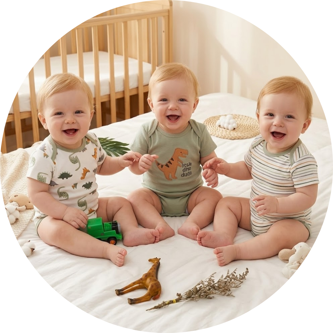 Three babies sitting on a bed with toys around them, smiling.