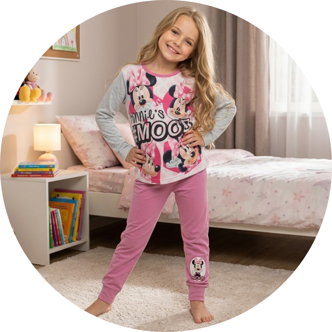 A young girl with long blonde hair is smiling while standing in a bedroom and wearing a two-piece Disney Minnie Mouse pajama set. 