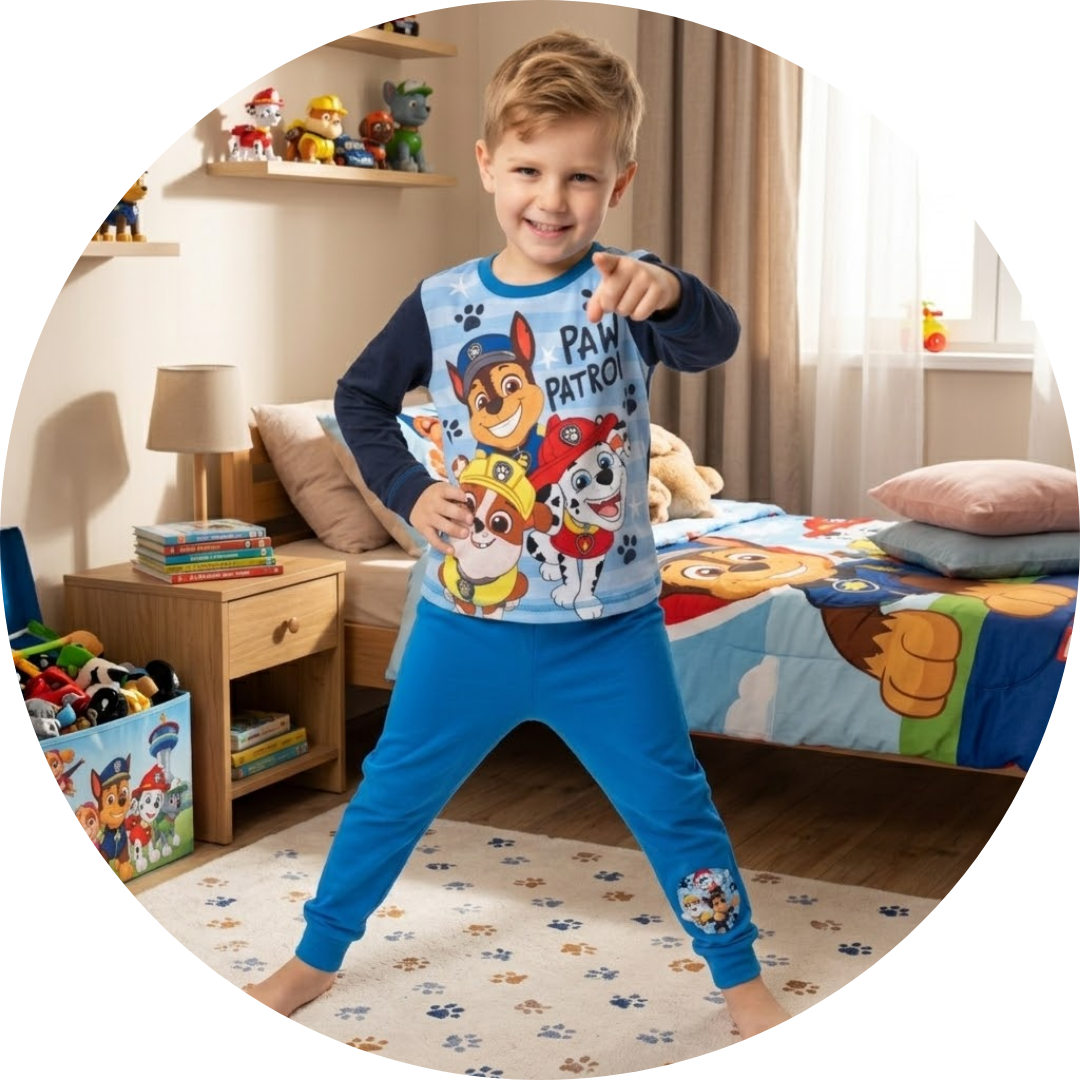 A young boy standing in a bedroom, smiling and pointing at the camera, wearing a blue "PAW PATROL" long-sleeved pyjama set.