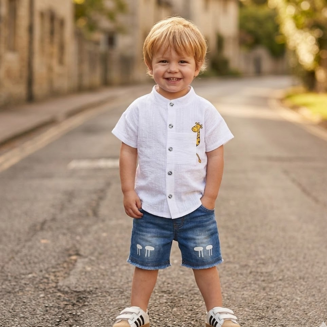 Toddler Boy Cartoon Shirt & Denim Shorts Summer Set
