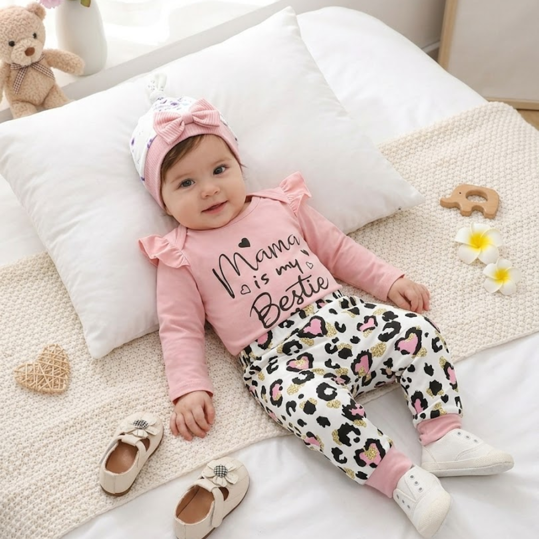 Baby Girl Mama Romper & Heart Pants Set with Headband