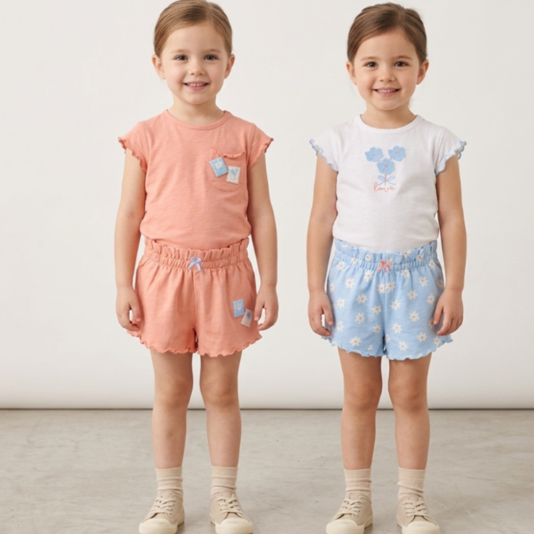 Two young girls wearing matching outfits with floral patterns on a plain background