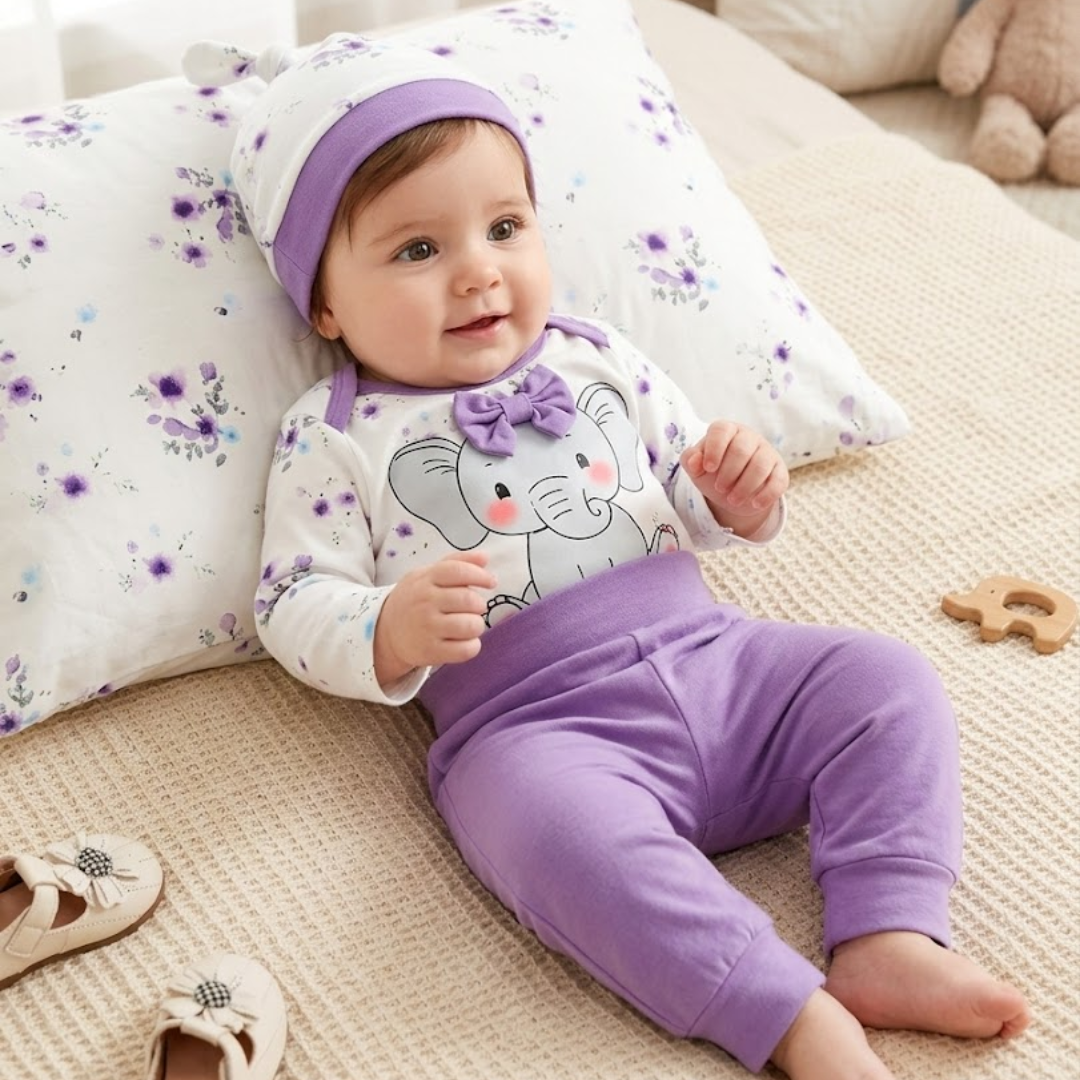 3pc Elephant Baby Girl Set | Purple Bodysuit & Pants