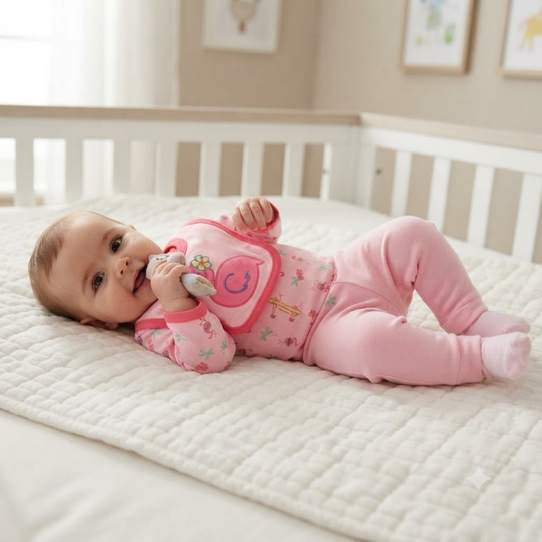 A baby lying on a white quilted mattress in a nursery, wearing a pink footed sleeper with a matching bib featuring a smiling sun and small floral details.