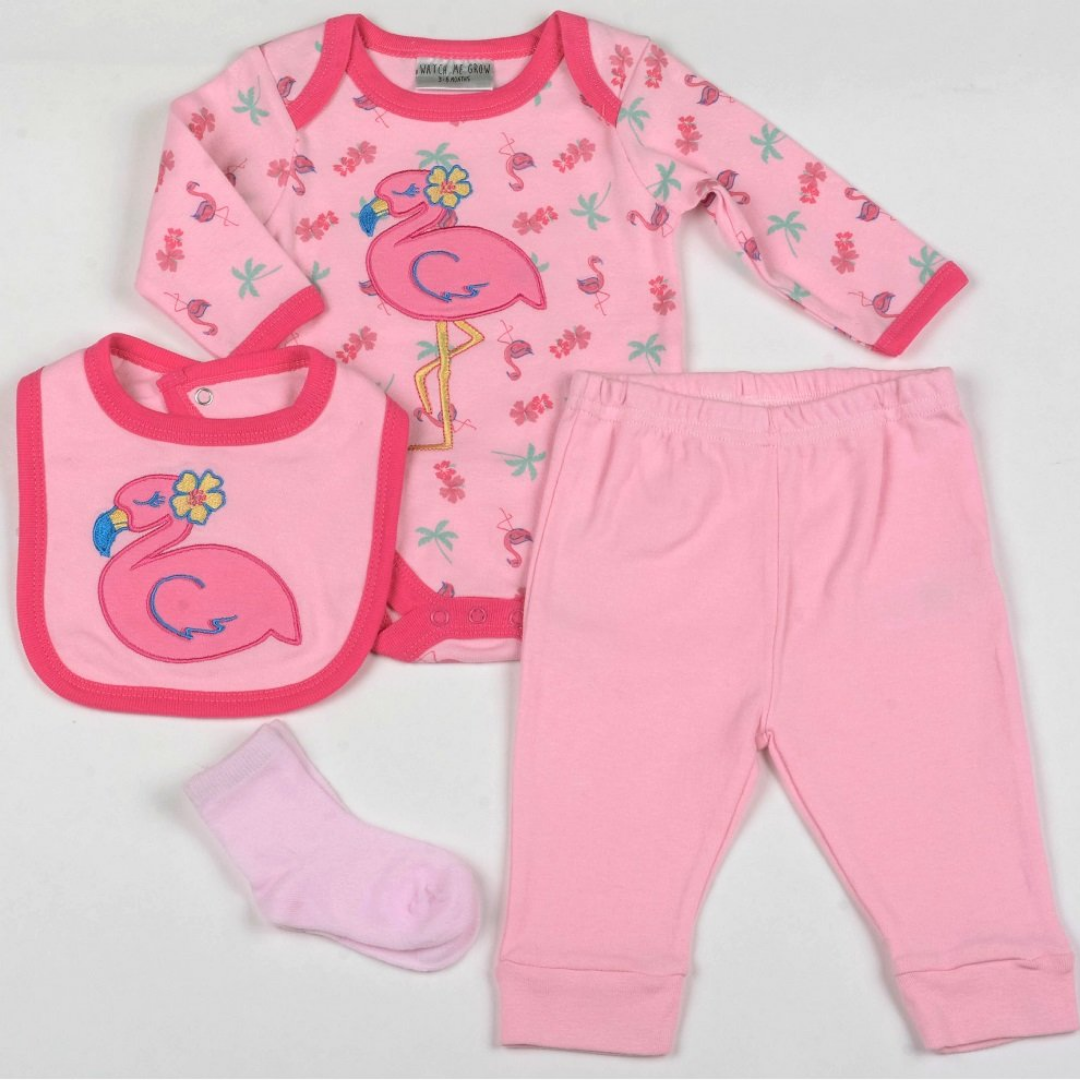 A baby clothing set laid out on a white background, including a pink long-sleeve romper with flamingo print, matching pink pants, a pink bib with a flamingo applique, and a light pink sock.