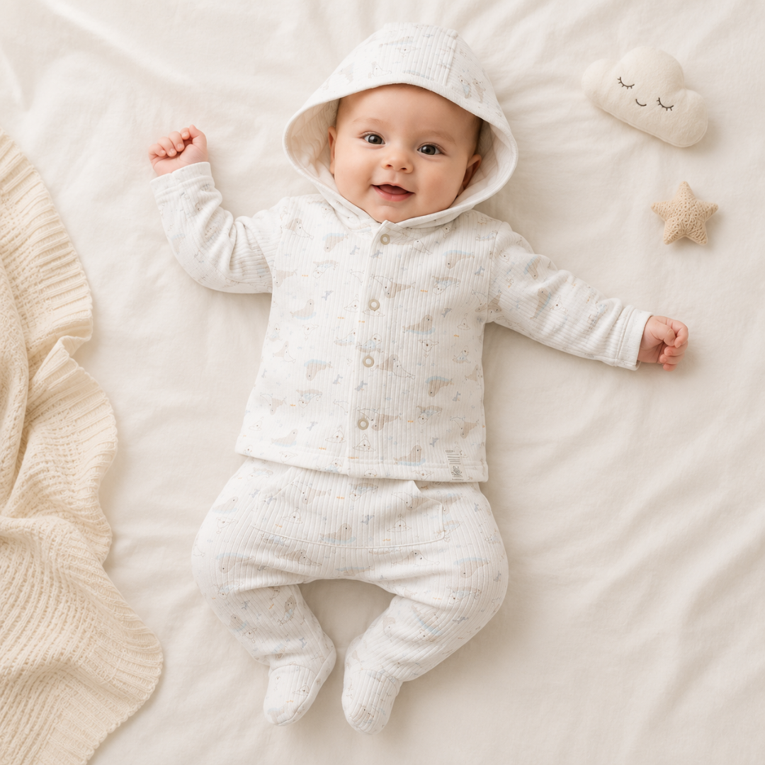 A baby lying on a cream-colored blanket, wearing a matching hooded knit romper set in off-white with a subtle light beige pattern. The set includes a long-sleeve top with buttons and matching footed pants.