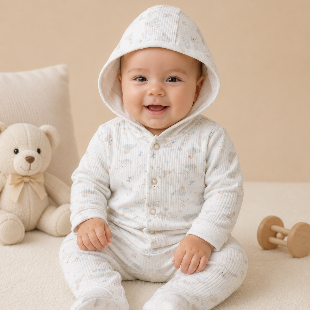 A smiling baby wearing a white hooded ribbed romper sits on a soft cream surface with a beige teddy bear and small wooden toy nearby.