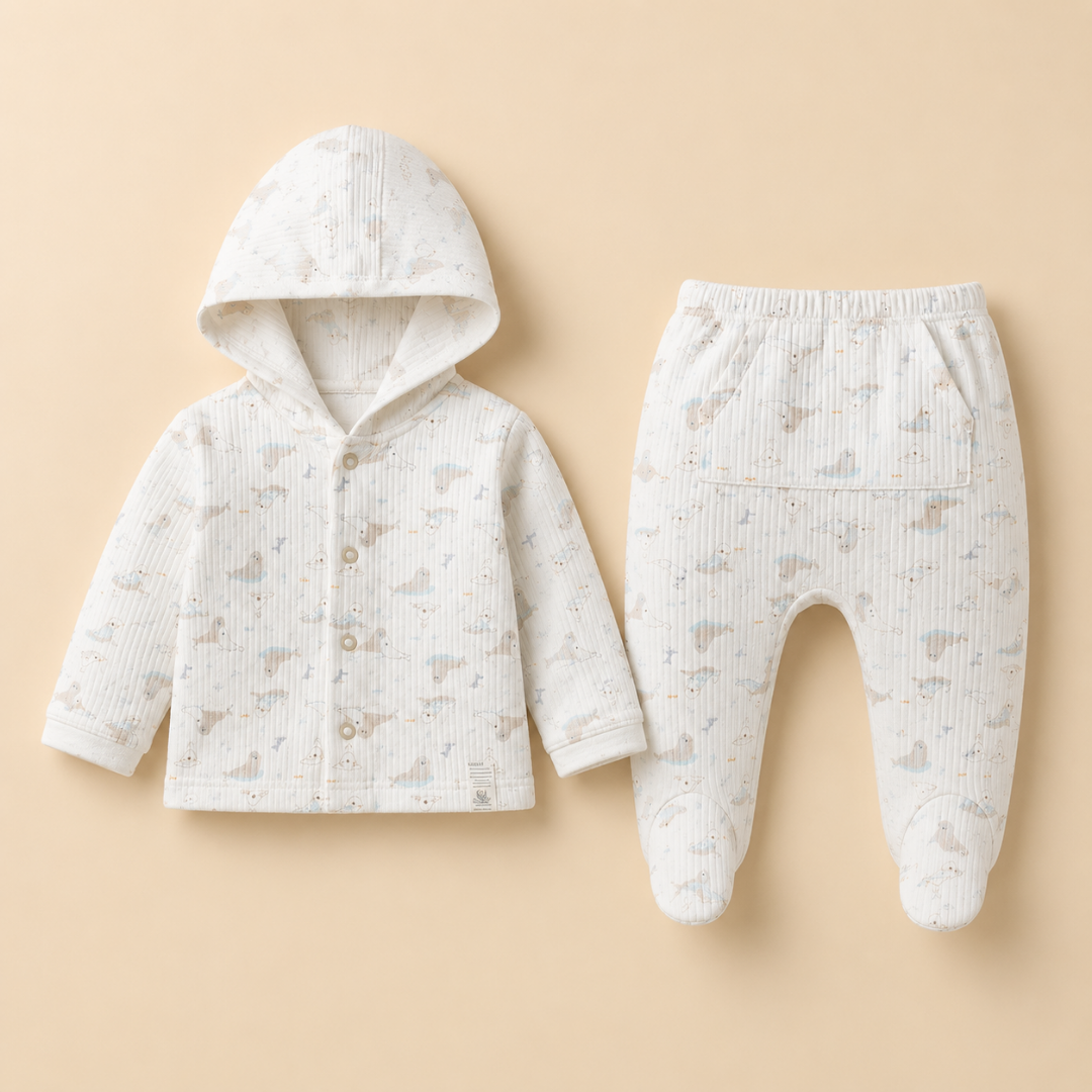 A baby two-piece outfit set featuring a hooded button-front cardigan and matching footed pants, both in a soft off-white ribbed fabric with a subtle light beige animal print, displayed on a solid beige background.