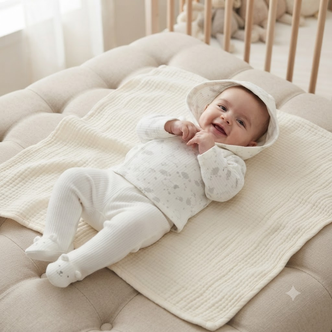 A baby wearing a white hooded onesie and white footed socks lies on a cream textured blanket on a beige tufted mattress in a softly lit nursery.