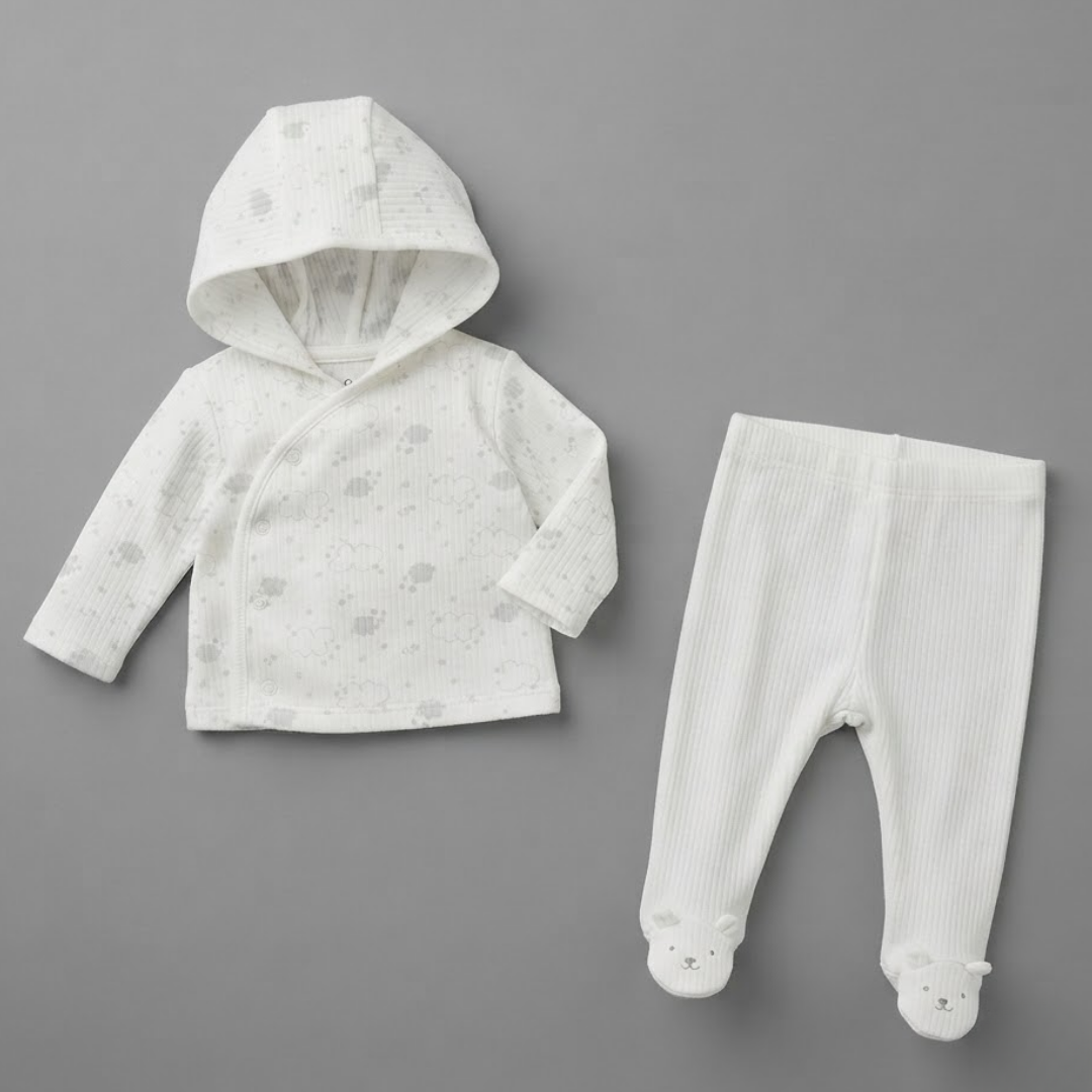 A baby clothing set consisting of a white hooded wrap jacket with a subtle gray pattern and matching white footed leggings with bear face toe caps, laid flat on a neutral gray background.