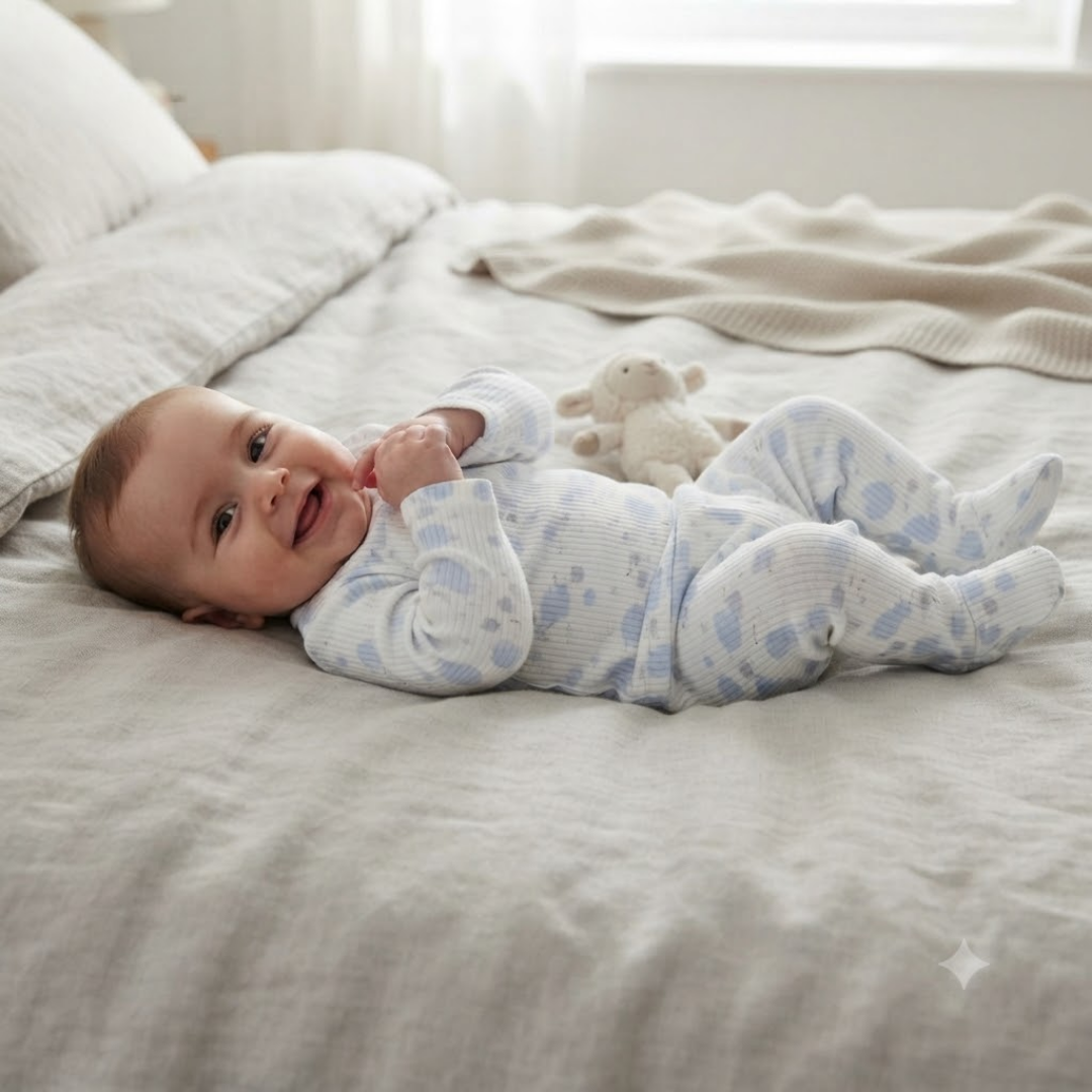A baby lying on a light beige linen bed, wearing a white footed sleeper with light blue heart patterns. A small plush toy is tucked near the baby's head.