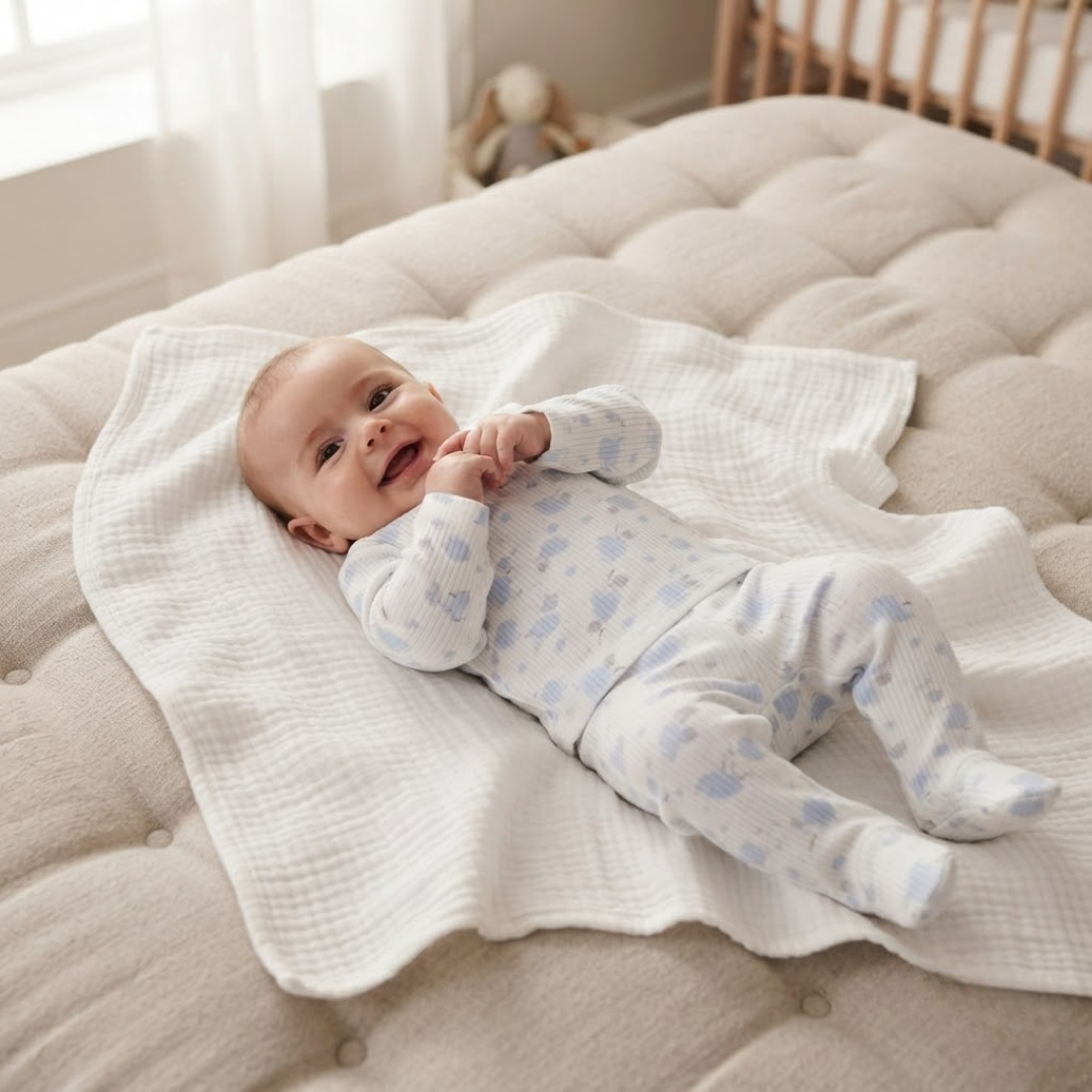 A baby lying on a tufted cream mattress, wrapped in a white muslin blanket and wearing a light blue and white footed onesie.