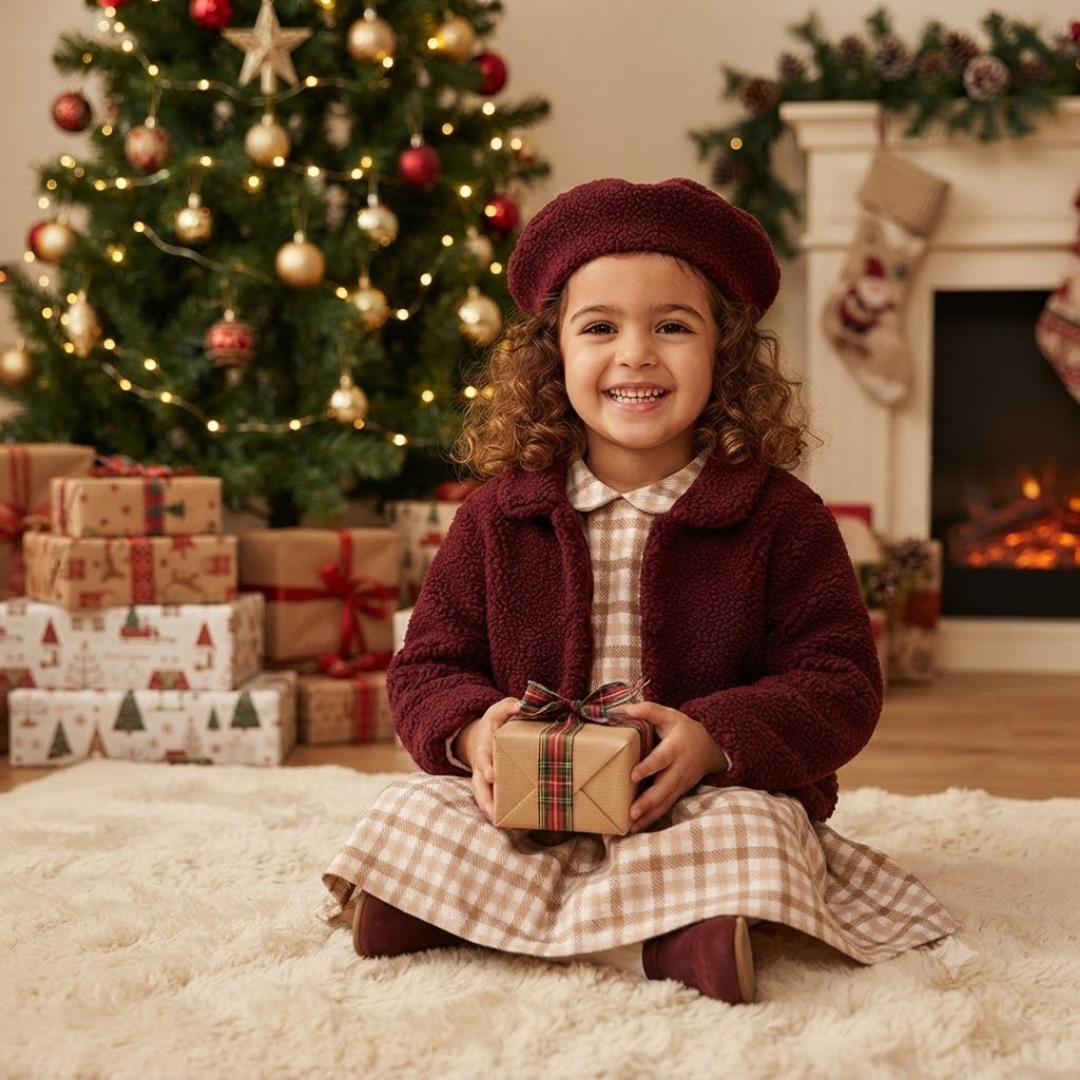 A young girl sits on a white rug in a cozy living room, holding a wrapped gift. She is wearing a dark burgundy sherpa jacket, a matching burgundy beret, and a beige and white gingham dress.