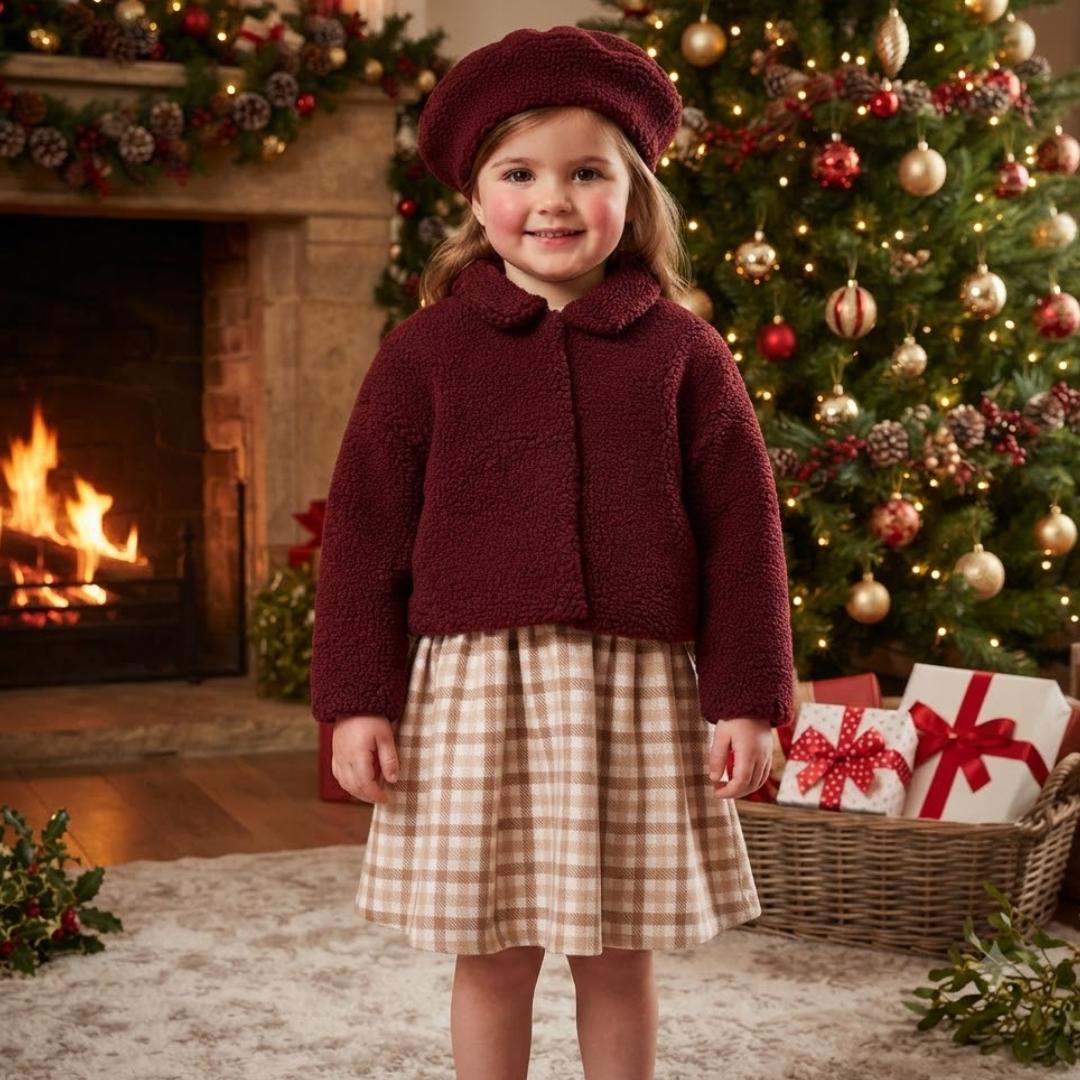 A young girl stands in front of a decorated Christmas tree and fireplace wearing a burgundy sherpa cropped jacket, a matching burgundy beret, and a beige and white gingham skirt.
