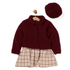 A toddler girl's outfit set featuring a dark burgundy sherpa fleece cardigan, a matching burgundy beret, and a beige and brown plaid pleated skirt, displayed on a wooden hanger with a wooden peg against a white background.