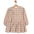 A toddler girl's long-sleeve gingham dress in a brown and beige check pattern, hanging on a wooden hanger against a plain white background.