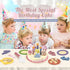 Children with birthday hats around a toy birthday cake set, with text 'The Most Special Birthday Cake' and 'Spice up your birthday photos with this trendy photo prop!'.