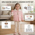 A young girl stands in a living room wearing a pink quilted jacket with a cream bear-print collar and matching cream leggings with heart prints. The image includes informational callouts about the set, including size, material, color, target age, and what is included.
