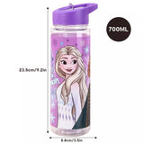 Water bottle with cartoon character design and measurements on a white background
