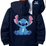 Navy blue hoodie with a cartoon character on the back, displayed on a white background.