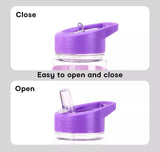 Purple lid with a clear container, showing 'Close' and 'Open' states on a gray background.