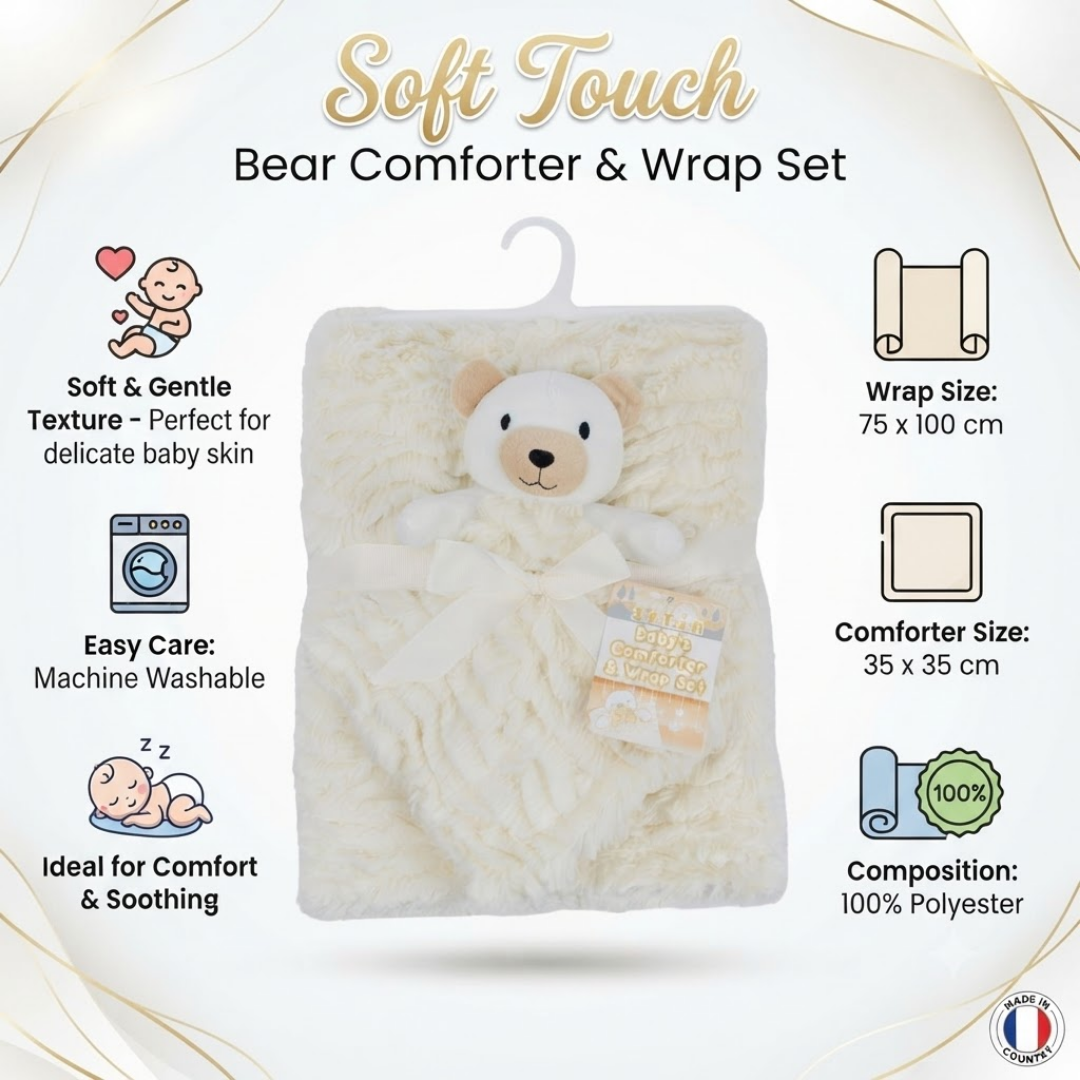 A soft cream-colored bear comforter and wrap set displayed on a hanger against a white background with decorative gold flourishes. The image includes text and icons describing product features: soft and gentle texture, easy care, ideal for comfort and soothing, and dimensions for the wrap and comforter.