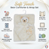 A soft cream-colored bear comforter and wrap set displayed on a hanger against a white background with decorative gold flourishes. The image includes text and icons describing product features: soft and gentle texture, easy care, ideal for comfort and soothing, and dimensions for the wrap and comforter.