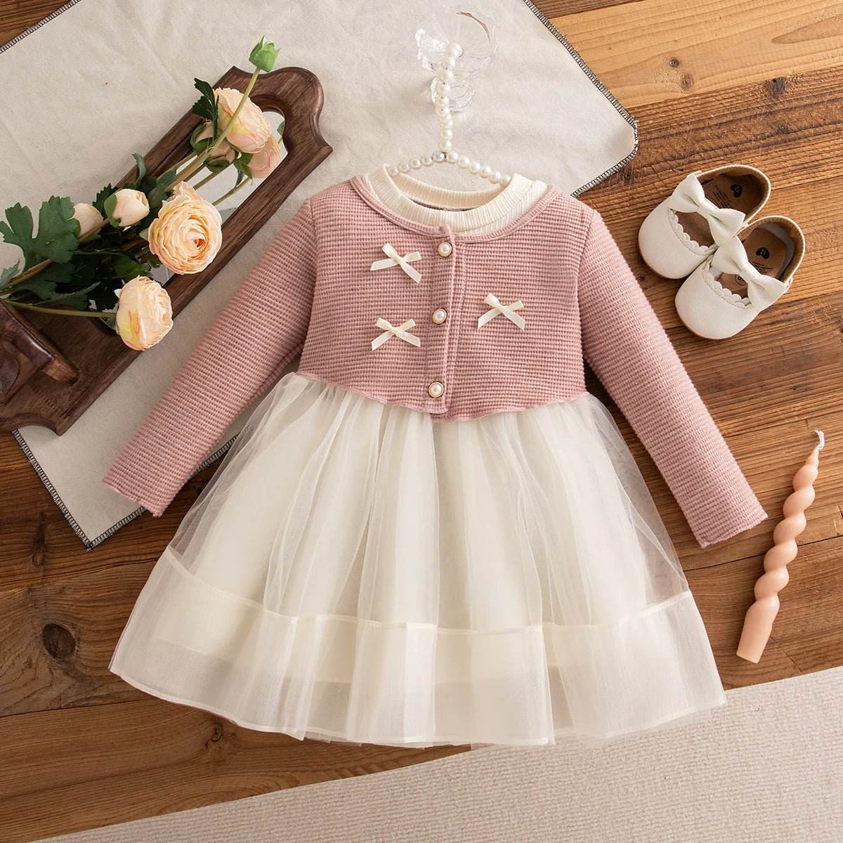 Autumn Baby Girl Pink Bow Long Sleeve Party Dress - Little Fashion