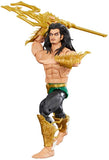 Action figure of a muscular character with long hair, holding a golden weapon on a white background