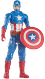 Action figure of a superhero in a blue, red, and white costume with a shield.