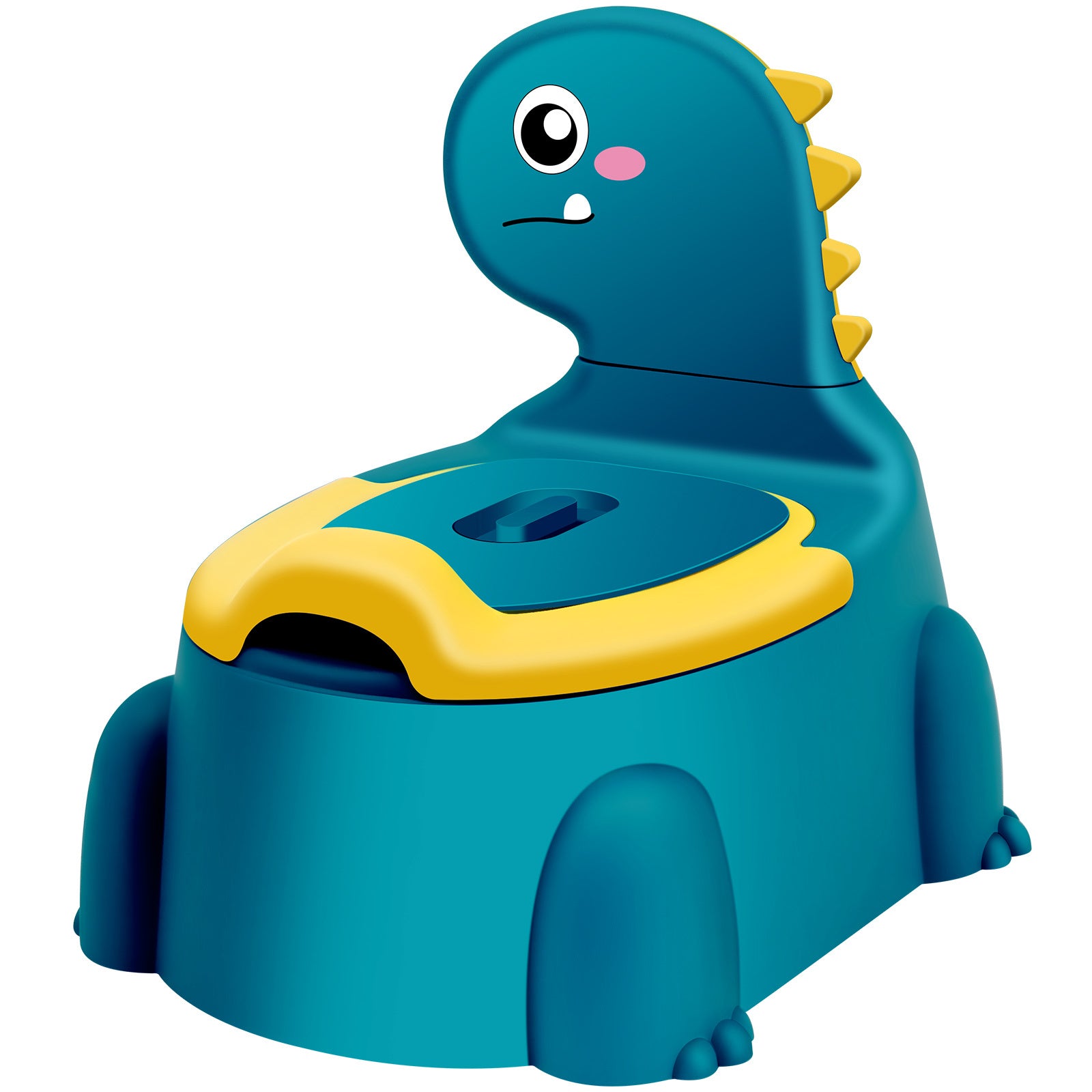 Blue and yellow dinosaur-shaped potty chair on a white background