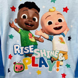 Two cartoon babies holding hands with 'Rise, Shine & Play!' text on a light blue background with stars.