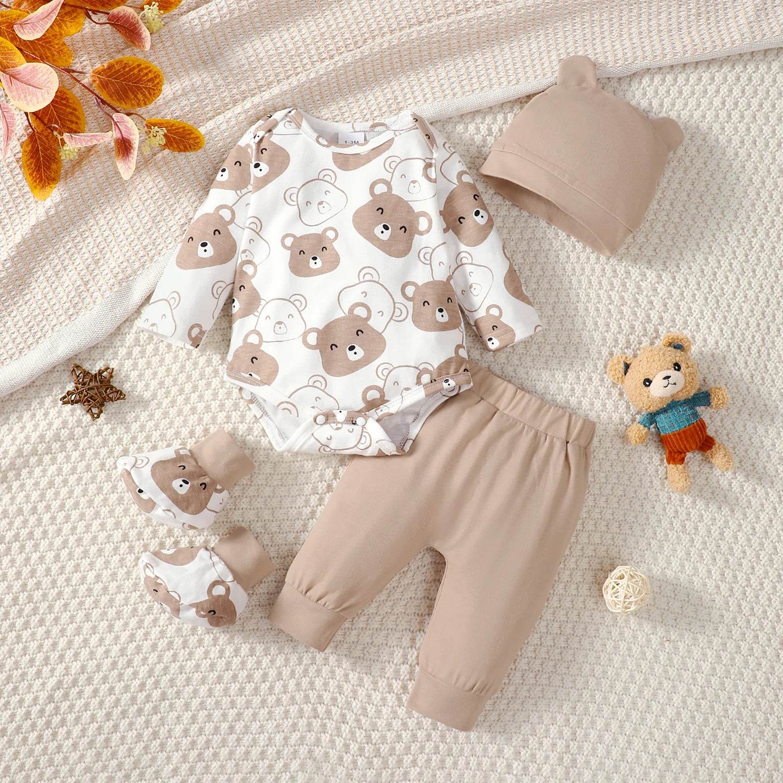 Baby Boy Bear Outfit Set – 4pcs Bodysuit & More - Little Fashion
