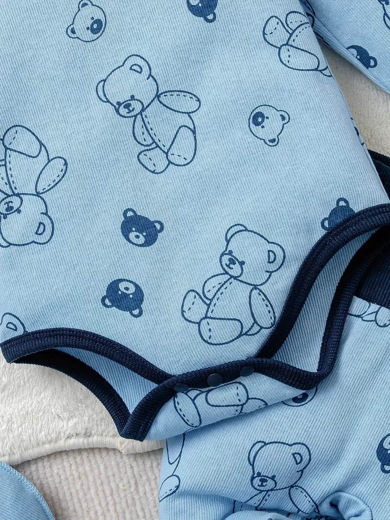Baby Boy Bear Print Romper, Pants, Bib & Socks Set - Little Fashion