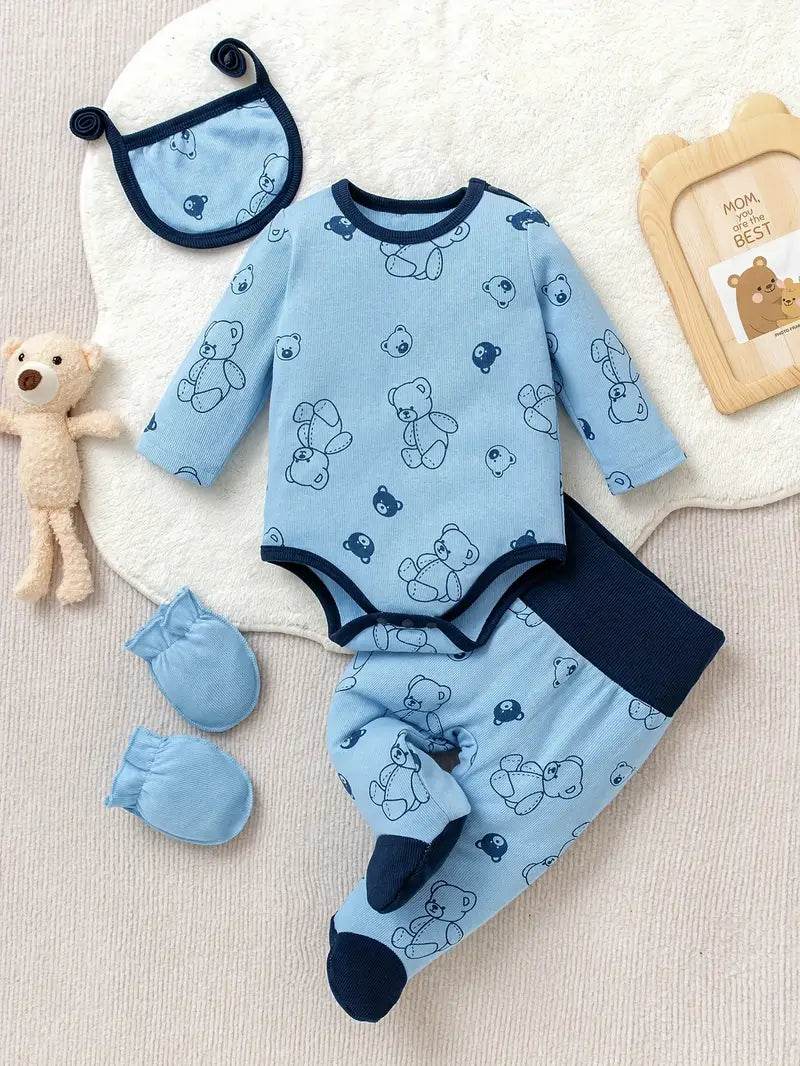 Baby Boy Bear Print Romper, Pants, Bib & Socks Set - Little Fashion