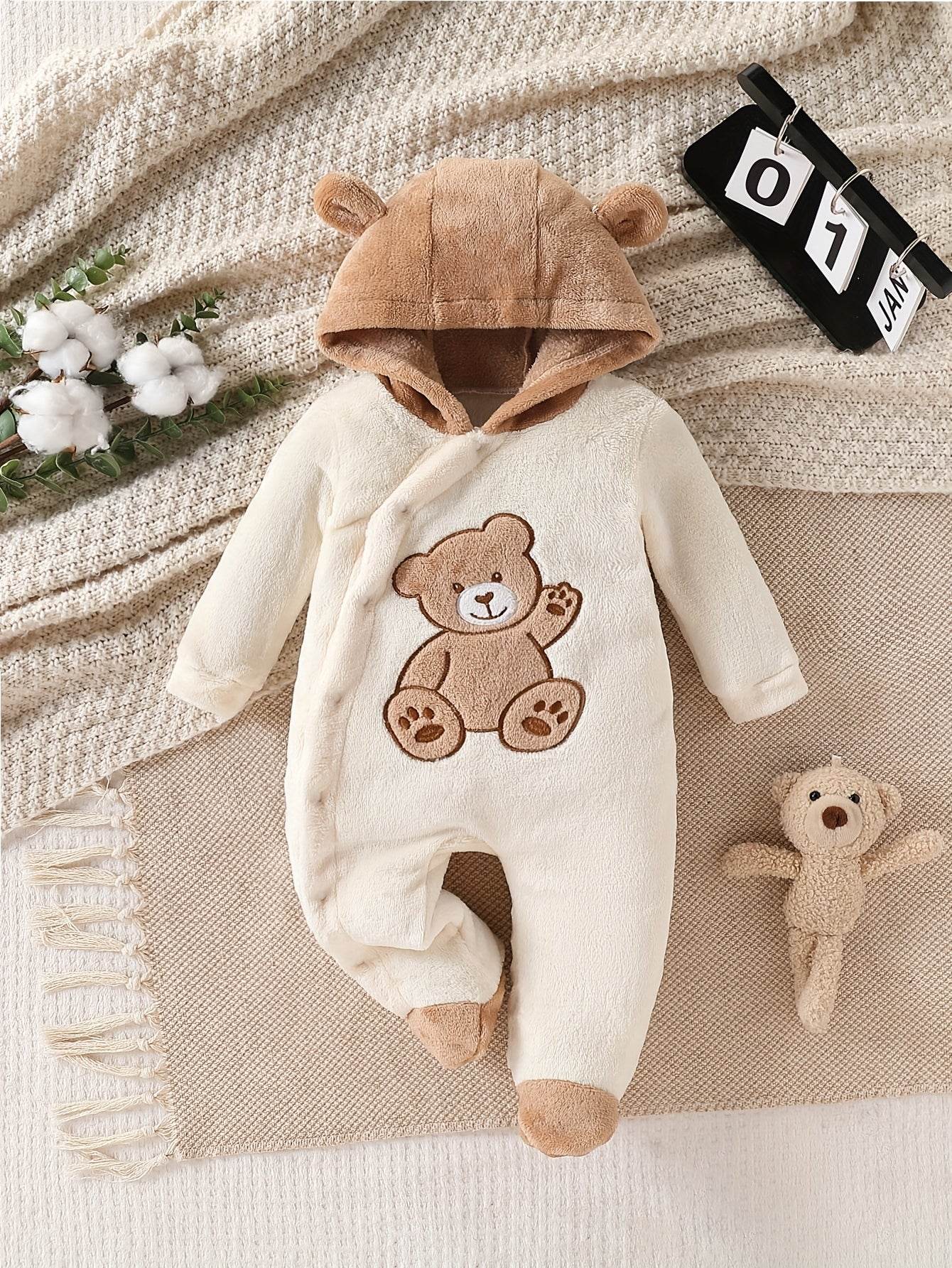 Baby Boys' Bear Print Plush Romper - Newborn-9M - Little Fashion