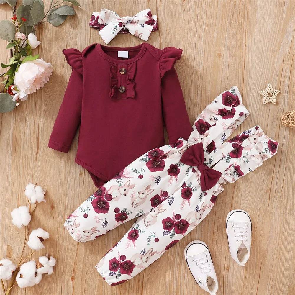 Baby Girl 3PCS Romper Set with Pants & Headband - Little Fashion