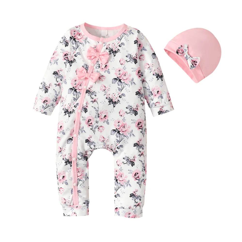 Baby Girl Floral Romper with Hat – Spring Outfit 0-18M - Little Fashion
