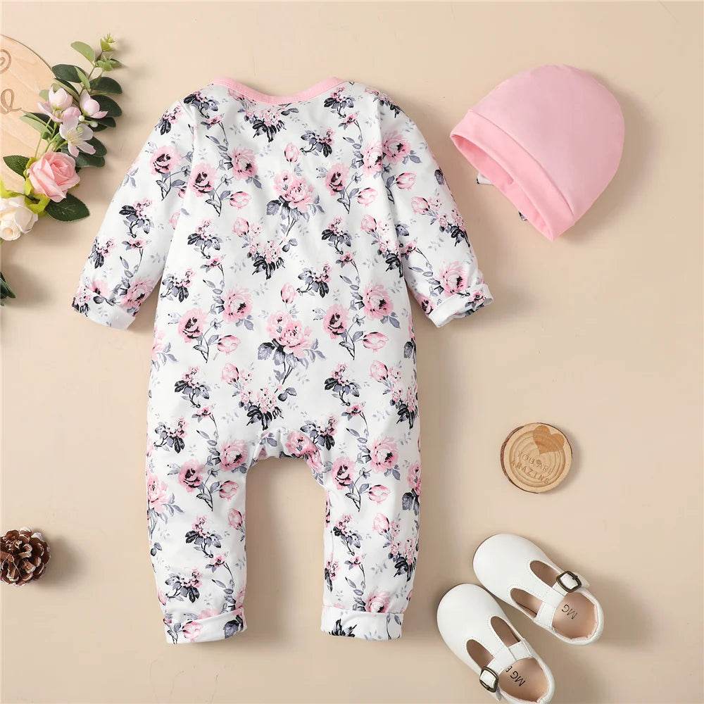 Baby Girl Floral Romper with Hat – Spring Outfit 0-18M - Little Fashion