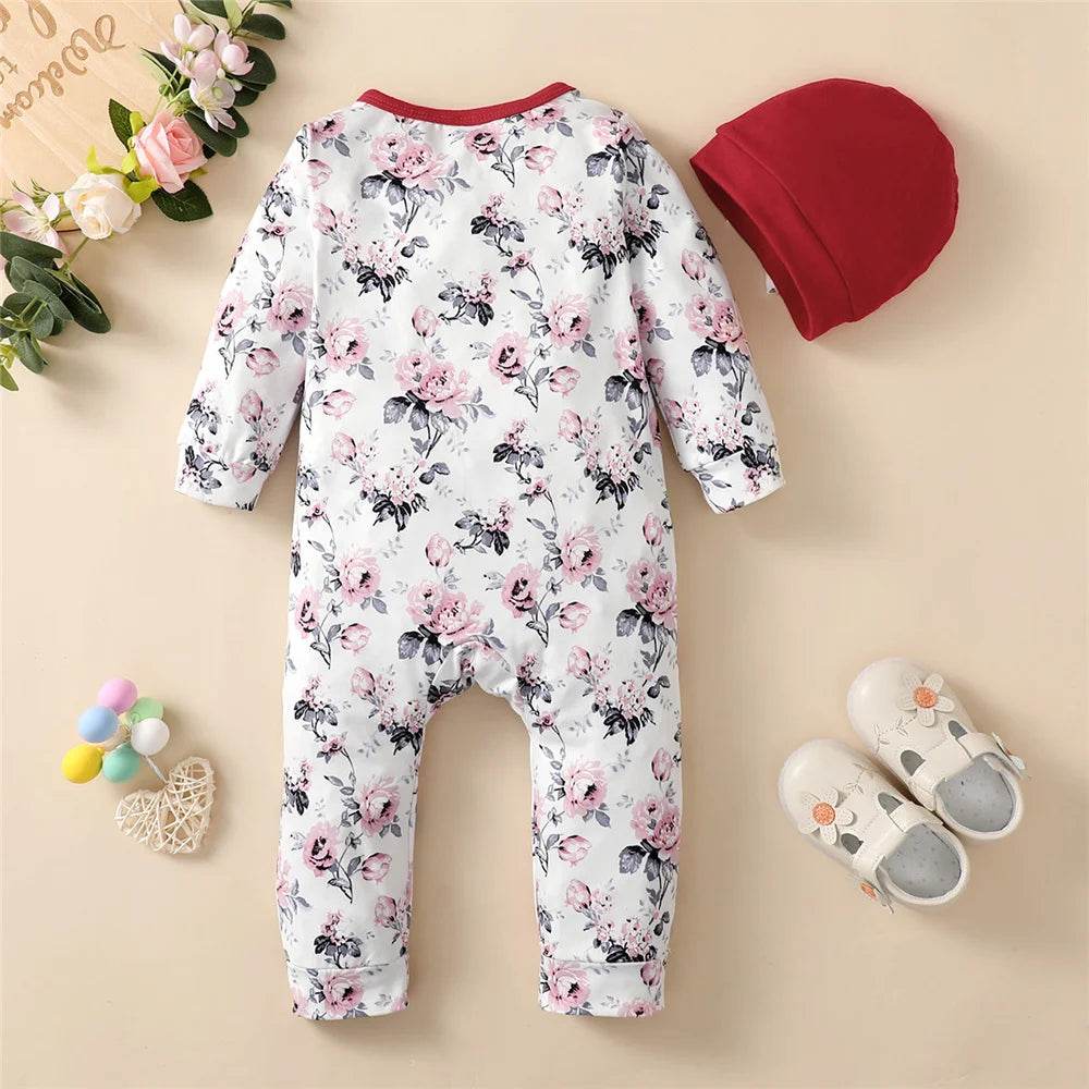 Baby Girl Floral Romper with Hat – Spring Outfit 0-18M - Little Fashion