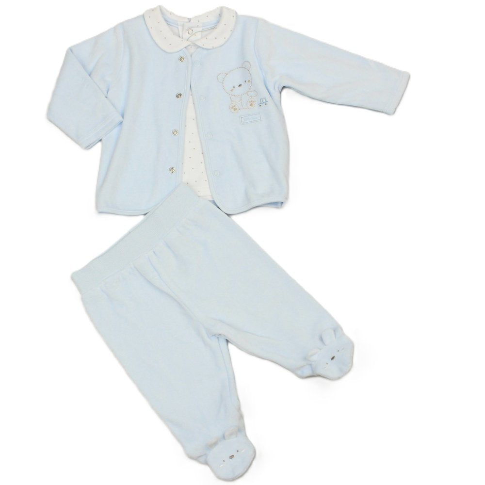 Baby two-piece clothing set featuring a light blue cardigan with a white Peter Pan collar and snap buttons, paired with matching light blue footed pants.