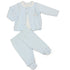 Baby two-piece clothing set featuring a light blue cardigan with a white Peter Pan collar and snap buttons, paired with matching light blue footed pants.