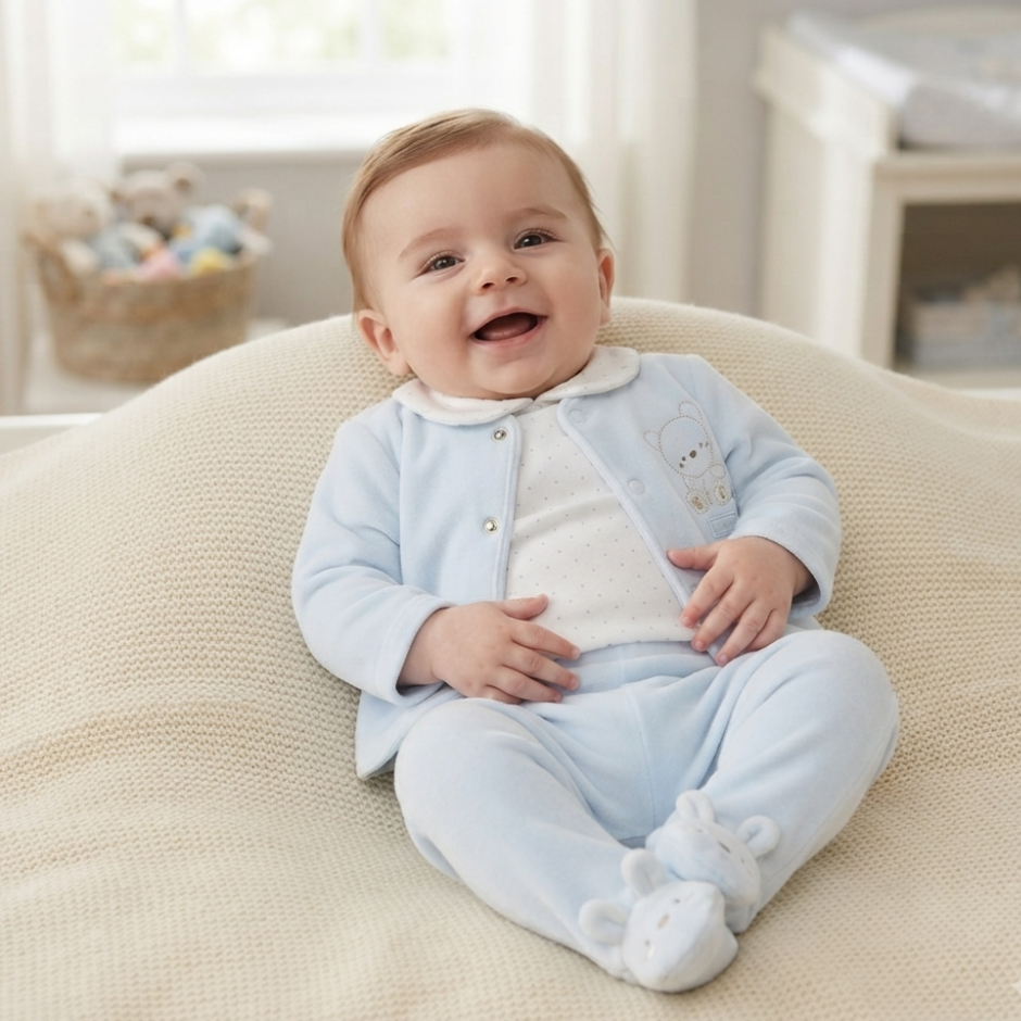 A smiling baby sitting on a cream-colored textured blanket in a bright nursery, wearing a light blue footed sleeper with a white inner top and matching booties.